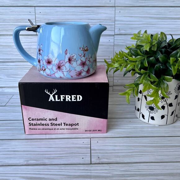 Alfred Light Blue Ceramic Stainless Steel Floral Print Teapot 20 oz. - Picture 1 of 13